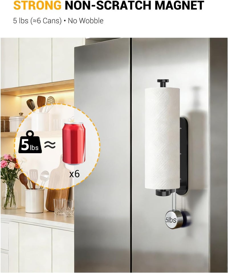 Swaitee Magnetic Paper Towel Holder, One-Handed Tear, Adhesive, Black, Paper Towel Holder Wall Mount with Ratchet Mechanism for Refrigerator, Camper, Garage, Rv, Kitchen, Bathroom, Farmhouse - Image 2